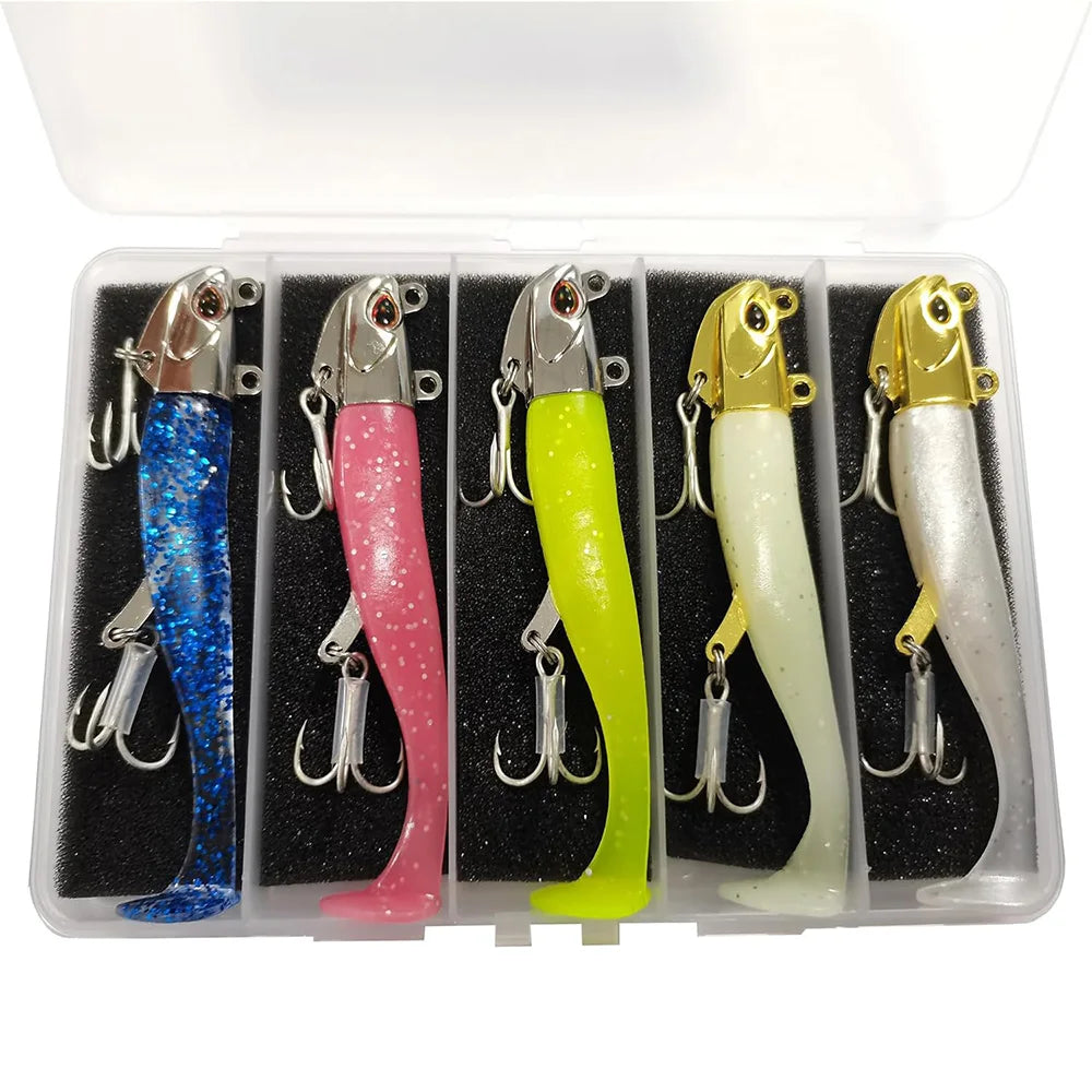 Pre-Rigged Jig Head Soft Paddle Tail Swimbaits Soft Shad Lure 30g 2 Treble Hooks 5pcs/Kit Bass Lure for Saltwater Freshwater