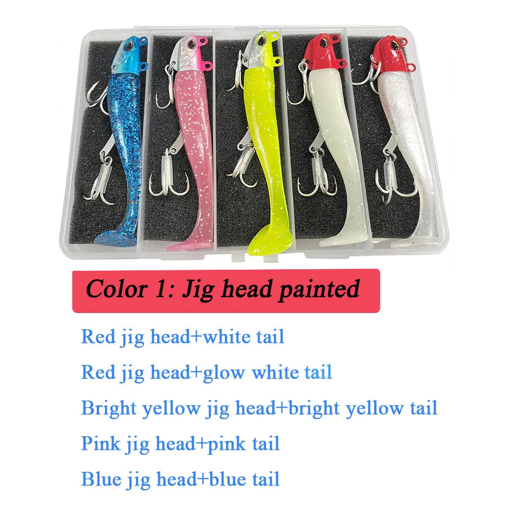 Pre-Rigged Jig Head Soft Paddle Tail Swimbaits Soft Shad Lure 30g 2 Treble Hooks 5pcs/Kit Bass Lure for Saltwater Freshwater