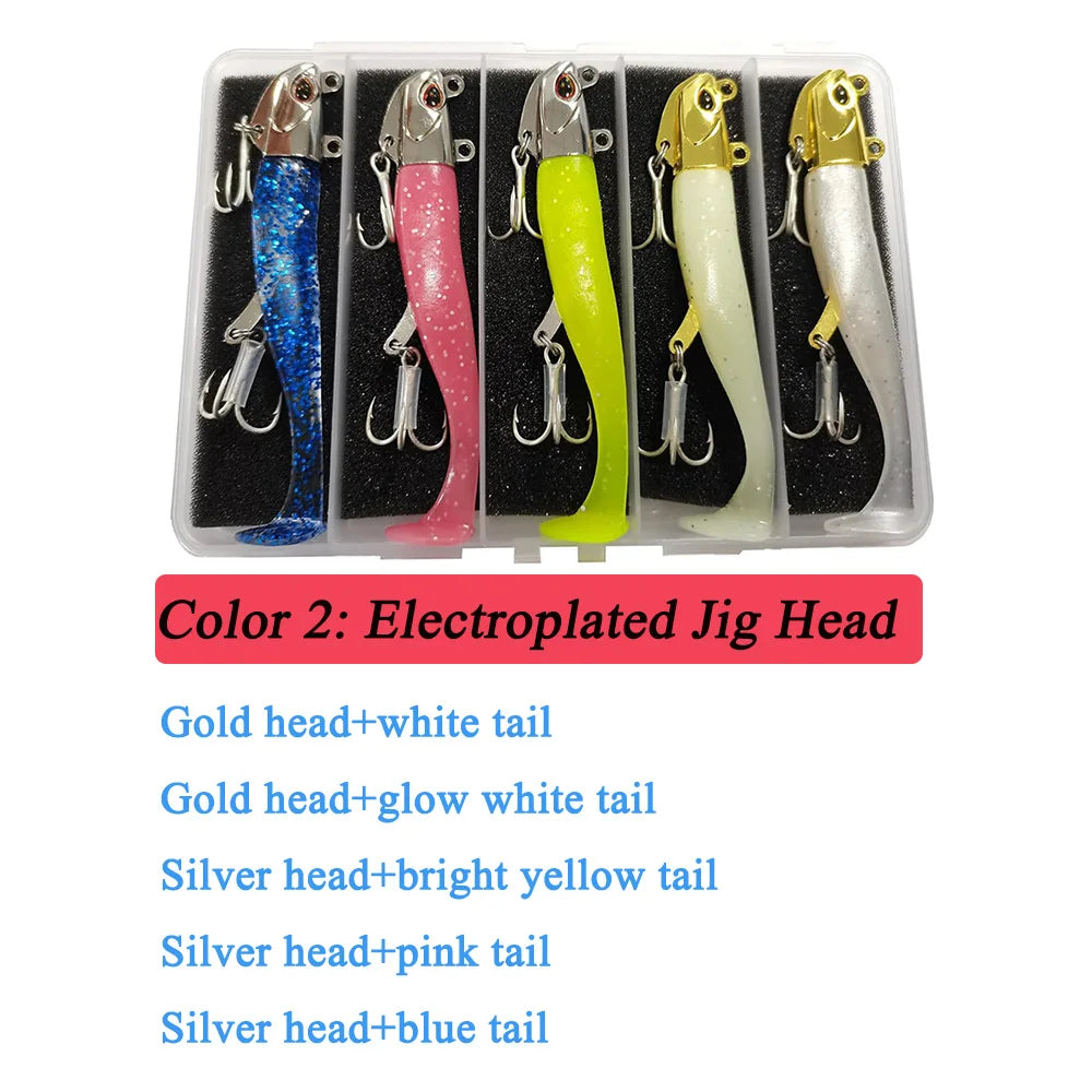 Pre-Rigged Jig Head Soft Paddle Tail Swimbaits Soft Shad Lure 30g 2 Treble Hooks 5pcs/Kit Bass Lure for Saltwater Freshwater