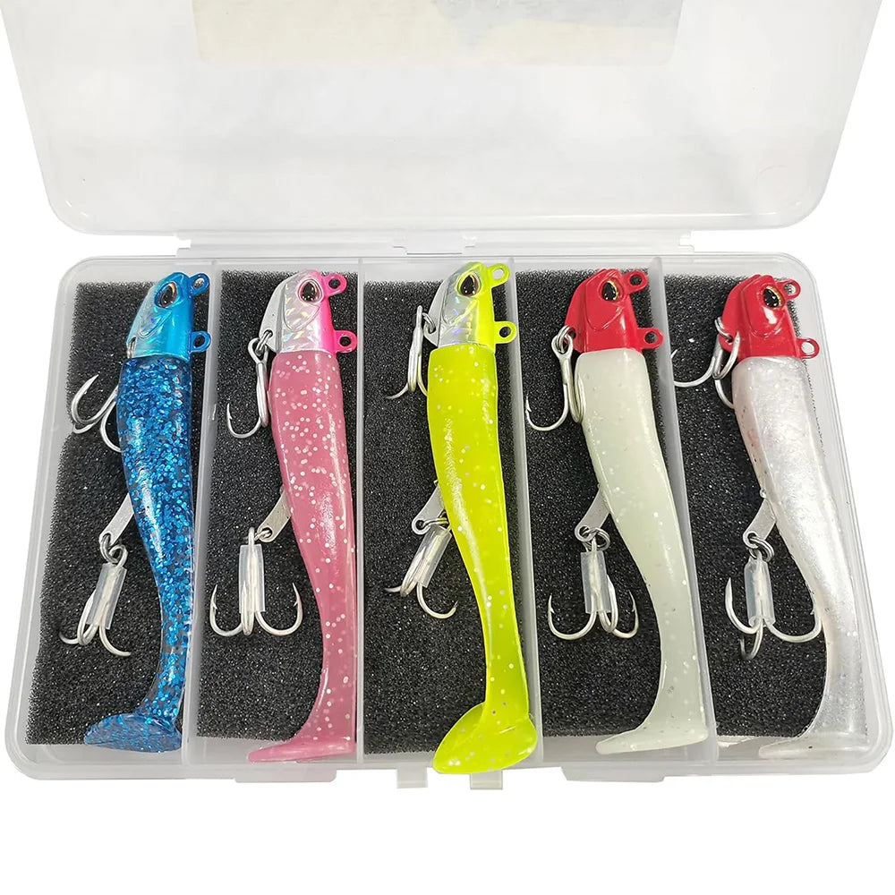 Pre-Rigged Jig Head Soft Paddle Tail Swimbaits Soft Shad Lure 30g 2 Treble Hooks 5pcs/Kit Bass Lure for Saltwater Freshwater