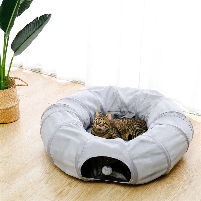 Cat Tunnel Toy Cat Pop Up Bed Collapsible Rabbit Round Tunnel with Mat Cushion 3 Tube Interactive Peek Plush Ball Toy for Indoor