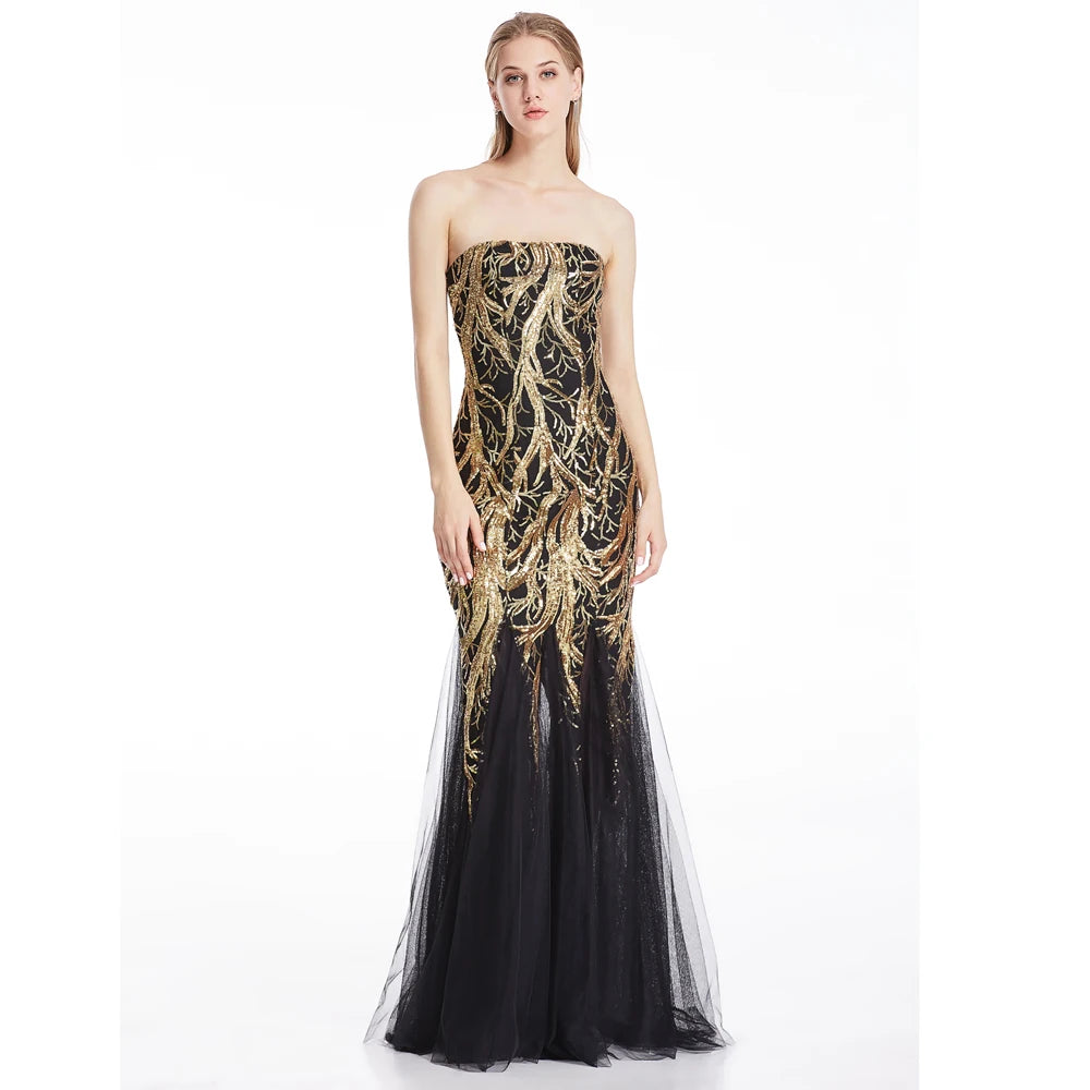 Strapless Gold Sequin Zipper Side Evening Dress Lace Up Back.