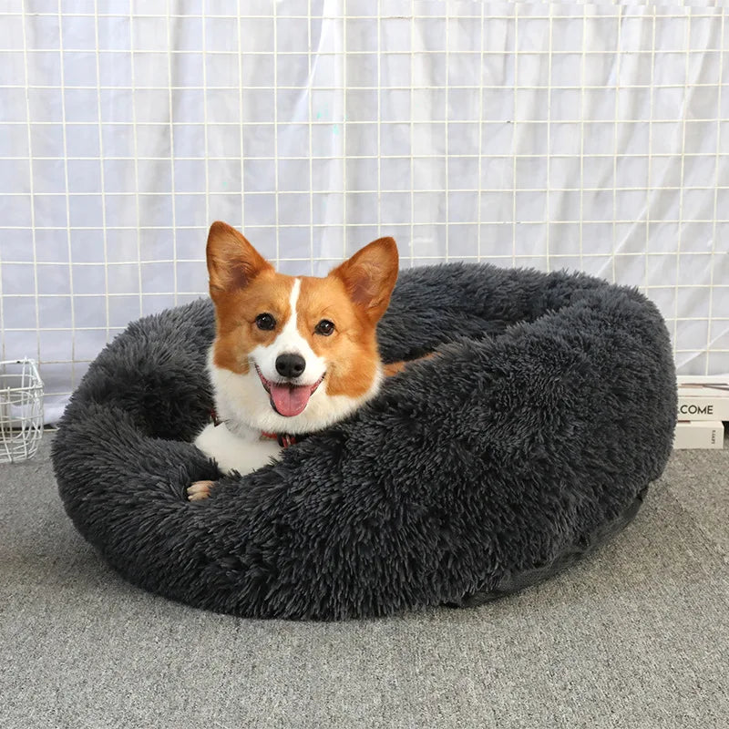 Round Dog Bed House Long Plush Basket Fluffy Sofa Pet Bed - One Stop Shop & More