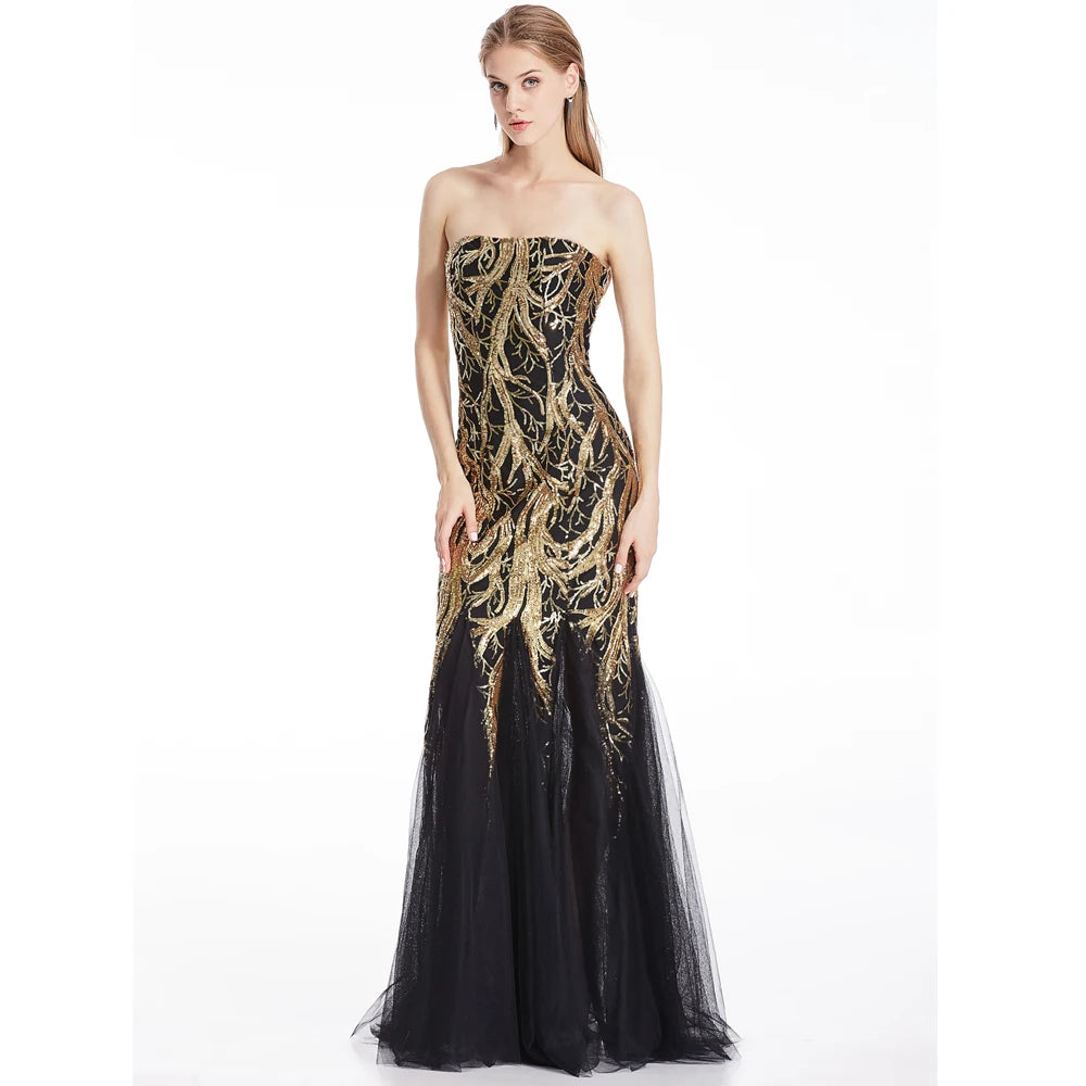 Strapless Gold Sequin Zipper Side Evening Dress Lace Up Back.