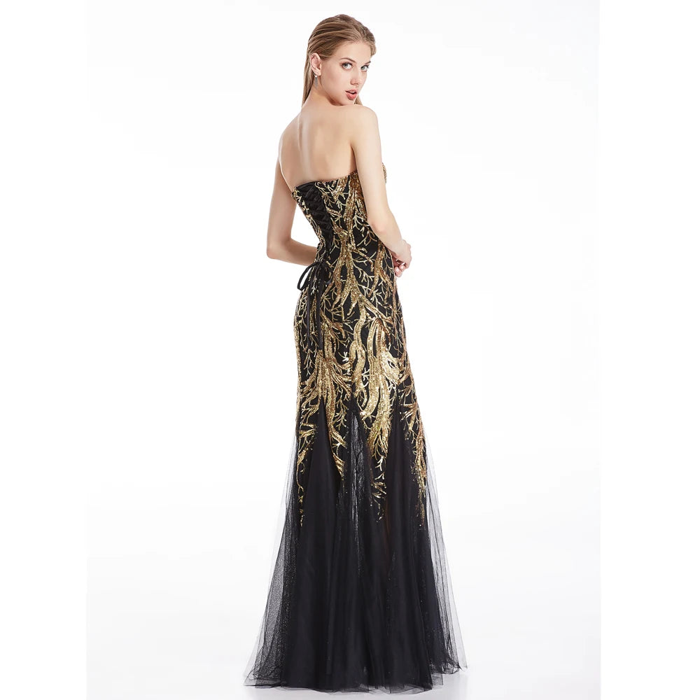 Strapless Gold Sequin Zipper Side Evening Dress Lace Up Back.