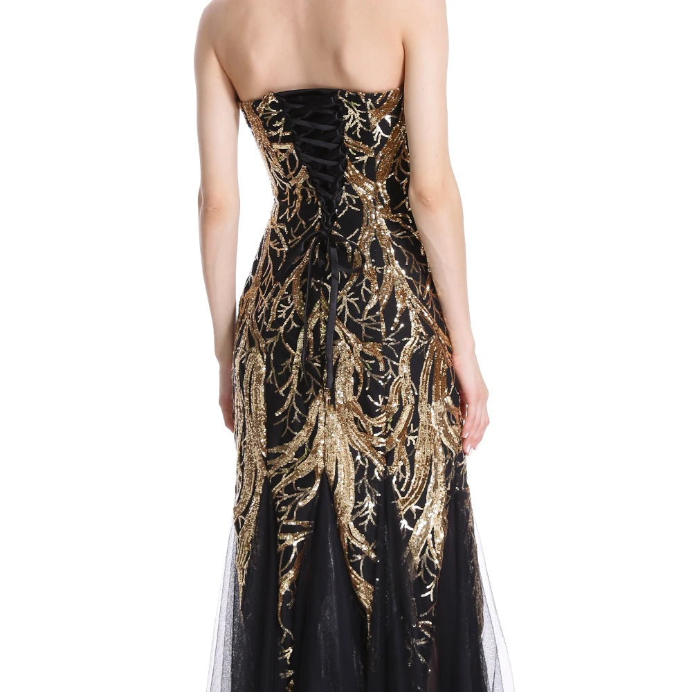 Strapless Gold Sequin Zipper Side Evening Dress Lace Up Back.