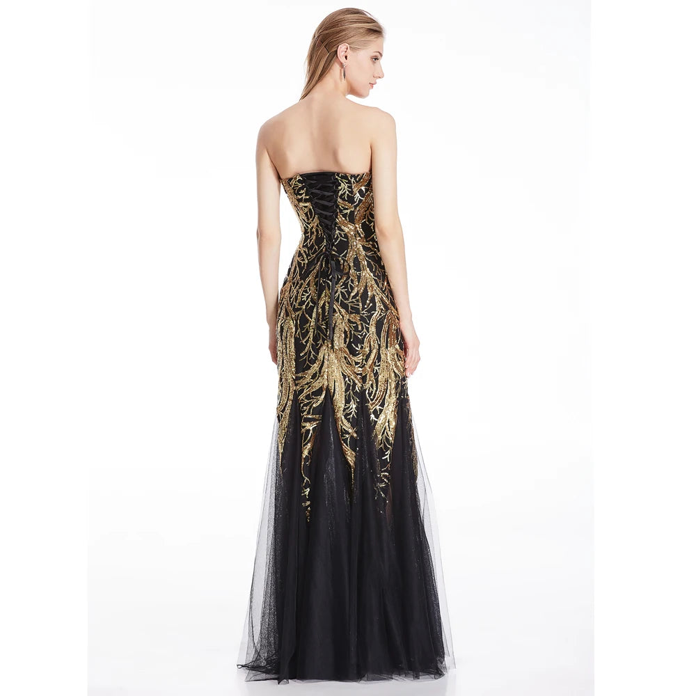 Strapless Gold Sequin Zipper Side Evening Dress Lace Up Back.