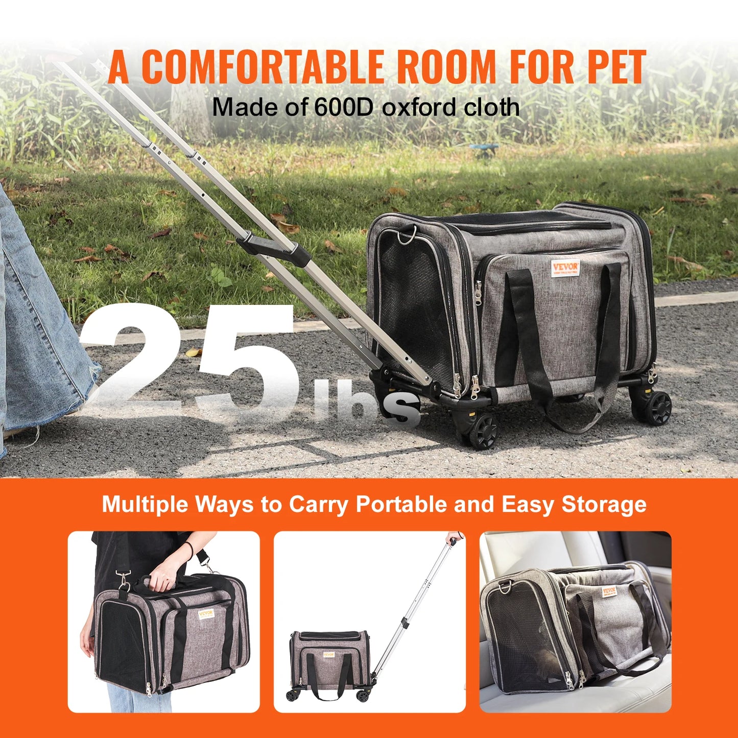 VEVOR Pet Cat Carrier Breathable with Telescopic Handle Wheels and Shoulder Strap for Travel Trip.