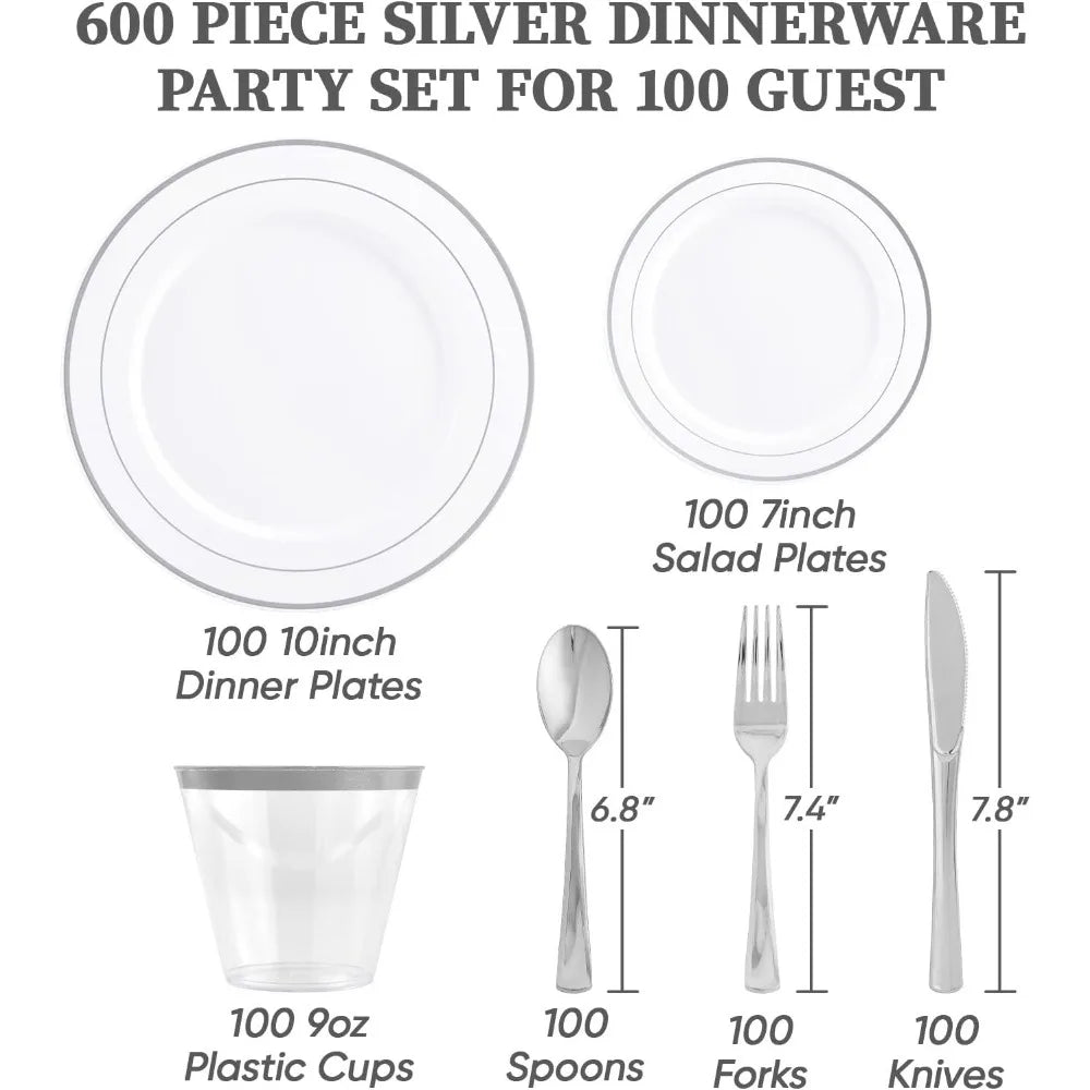 600pcs Disposable Dinnerware Sets for 100 Guests, 100 Dinner Plates, Salad Plates, Cups, Silverware Set for Wedding Parties