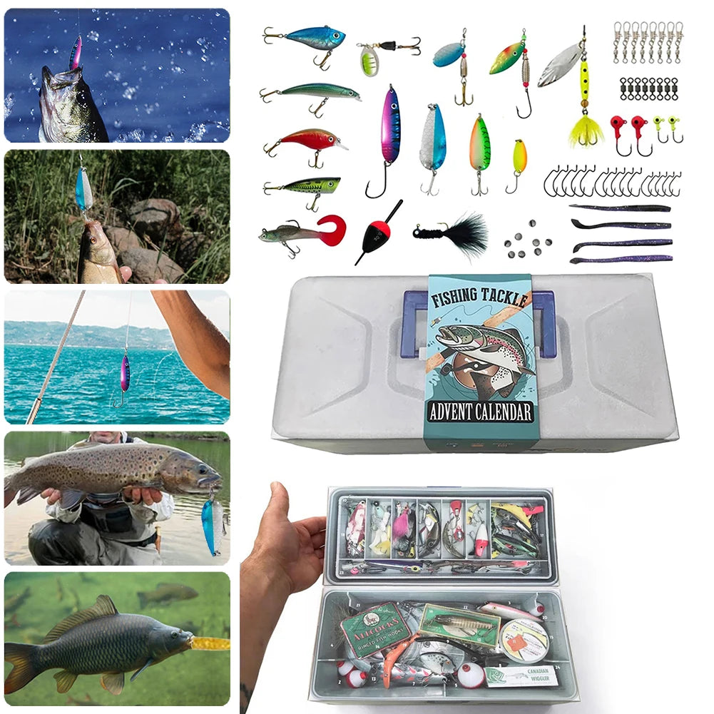 Christmas Fishing Lures Set Advent Calendar 24 Days Fishing Tackle Countdown Calendar Box Festival Theme Novelty Gift for Fisher