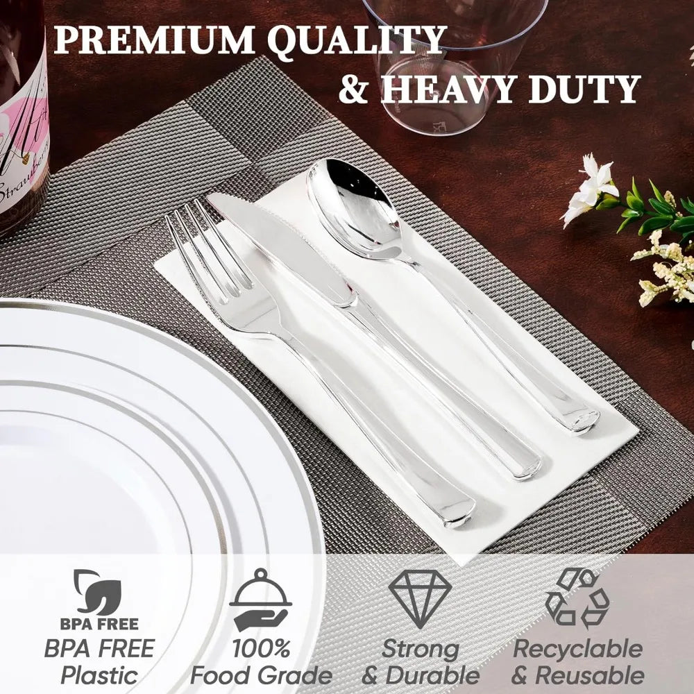 600pcs Disposable Dinnerware Sets for 100 Guests, 100 Dinner Plates, Salad Plates, Cups, Silverware Set for Wedding Parties