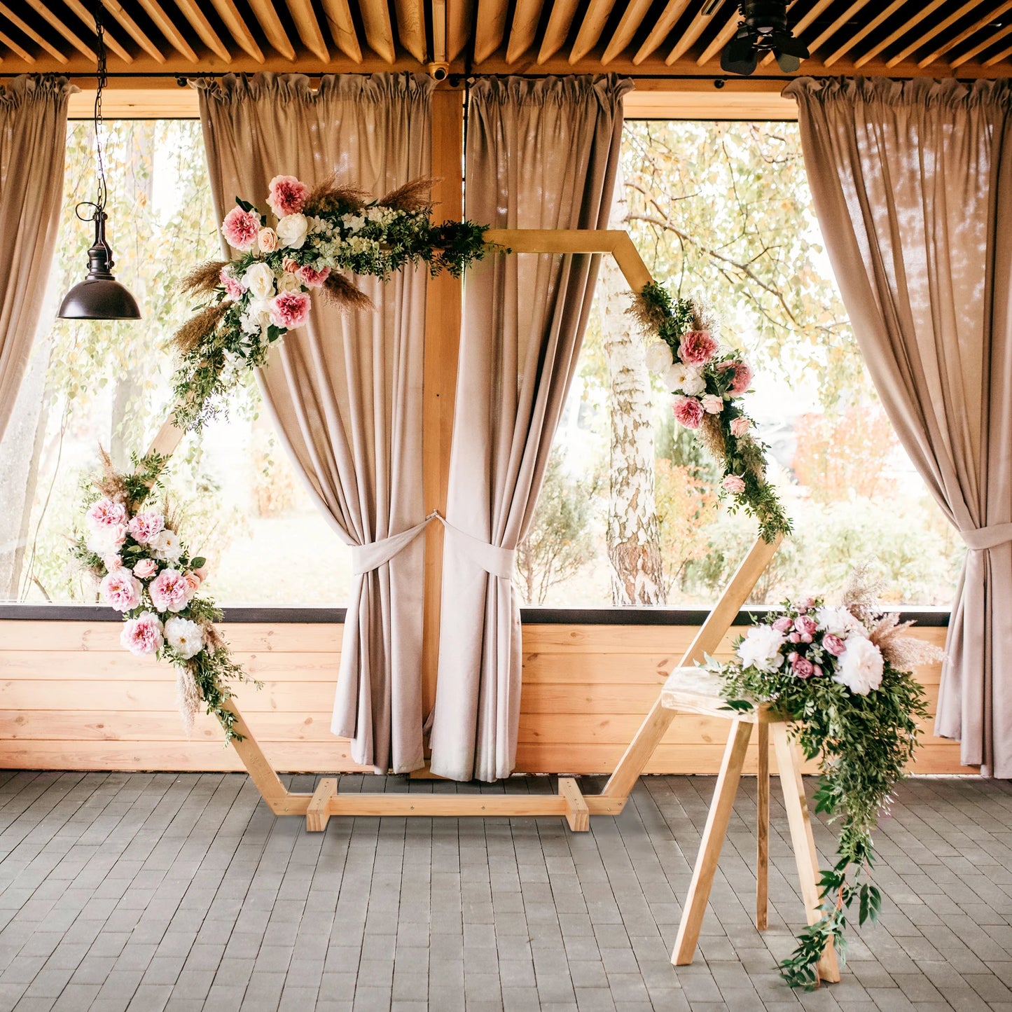 Hexagonal Wooden Wedding Ceremony Arch.