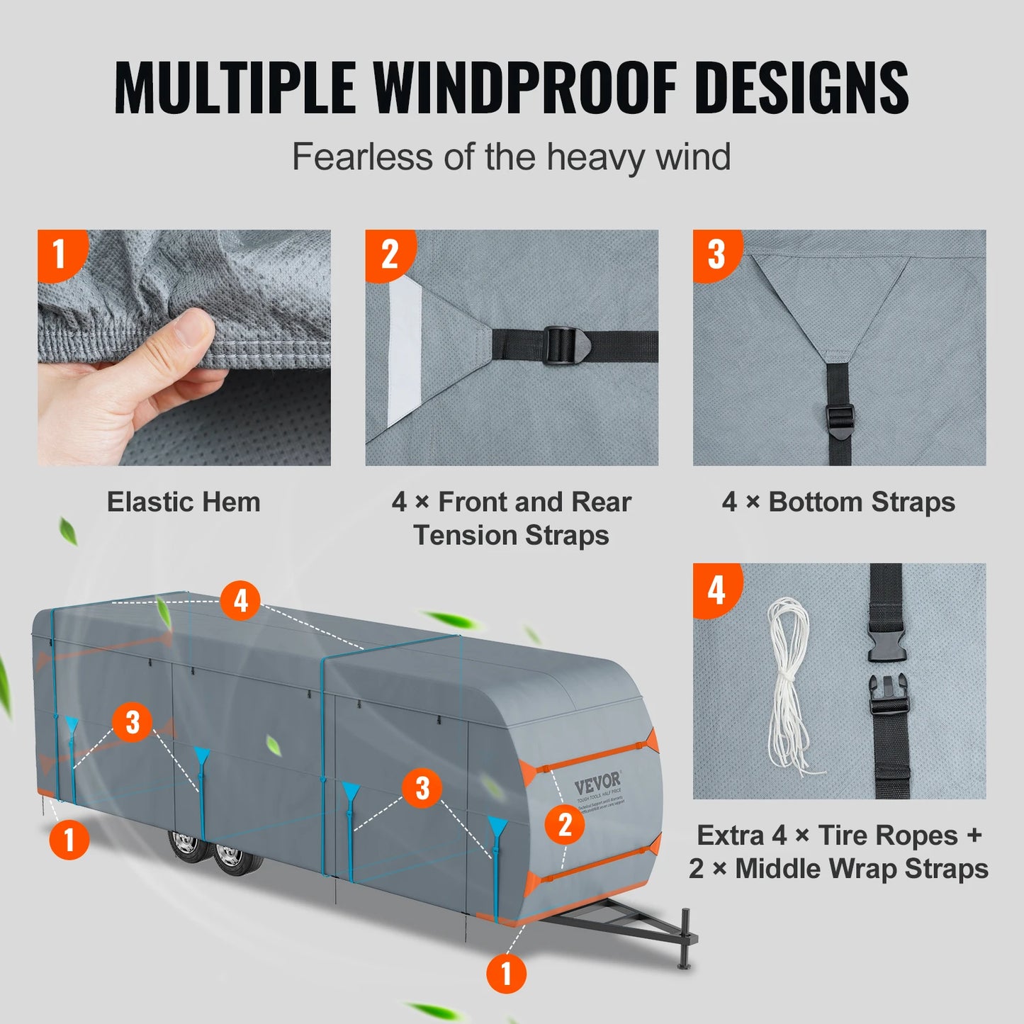 Travel Trailer Cover RV Cover Waterproof Windproof 4-Layer Non-Woven Fabric Camper Cover with Storage Bag and Patches