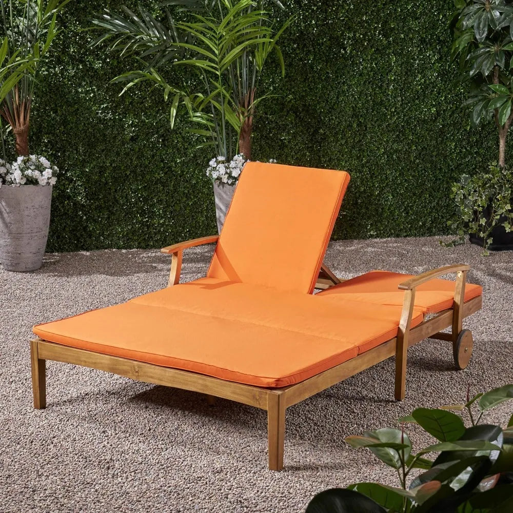 Folding Teak Finish With Orange Cushions, Double Chaise Lounge with Wood Frame.