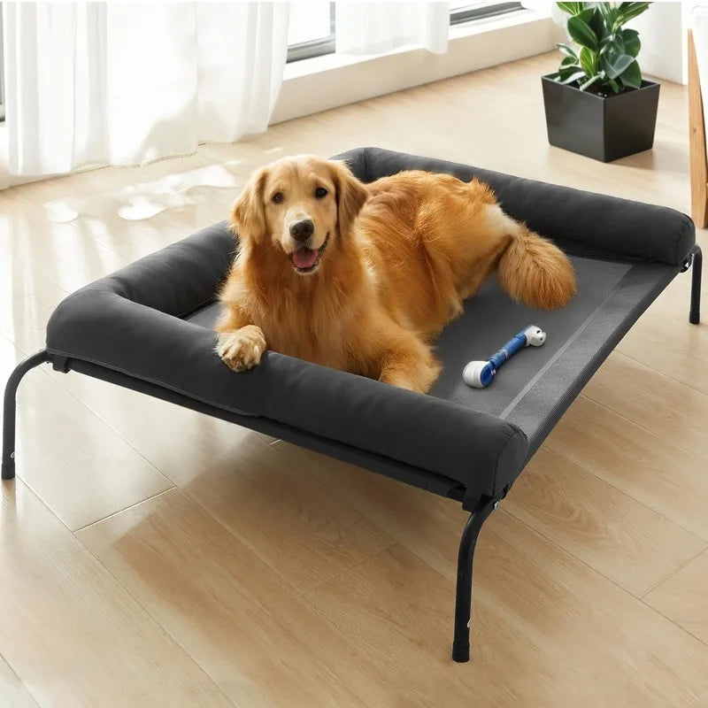 Raised Outdoor Dog Bed with Bolster for Large Dogs, Slightly Chew Proof Portable Cooling Pet Cot