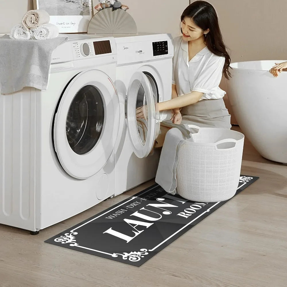 Laundry Room Rug: 17"X48" Laundry Room Decor and Accessories Non-Slip Black Runner Rug Machine Washable Text Design Laundry Mat