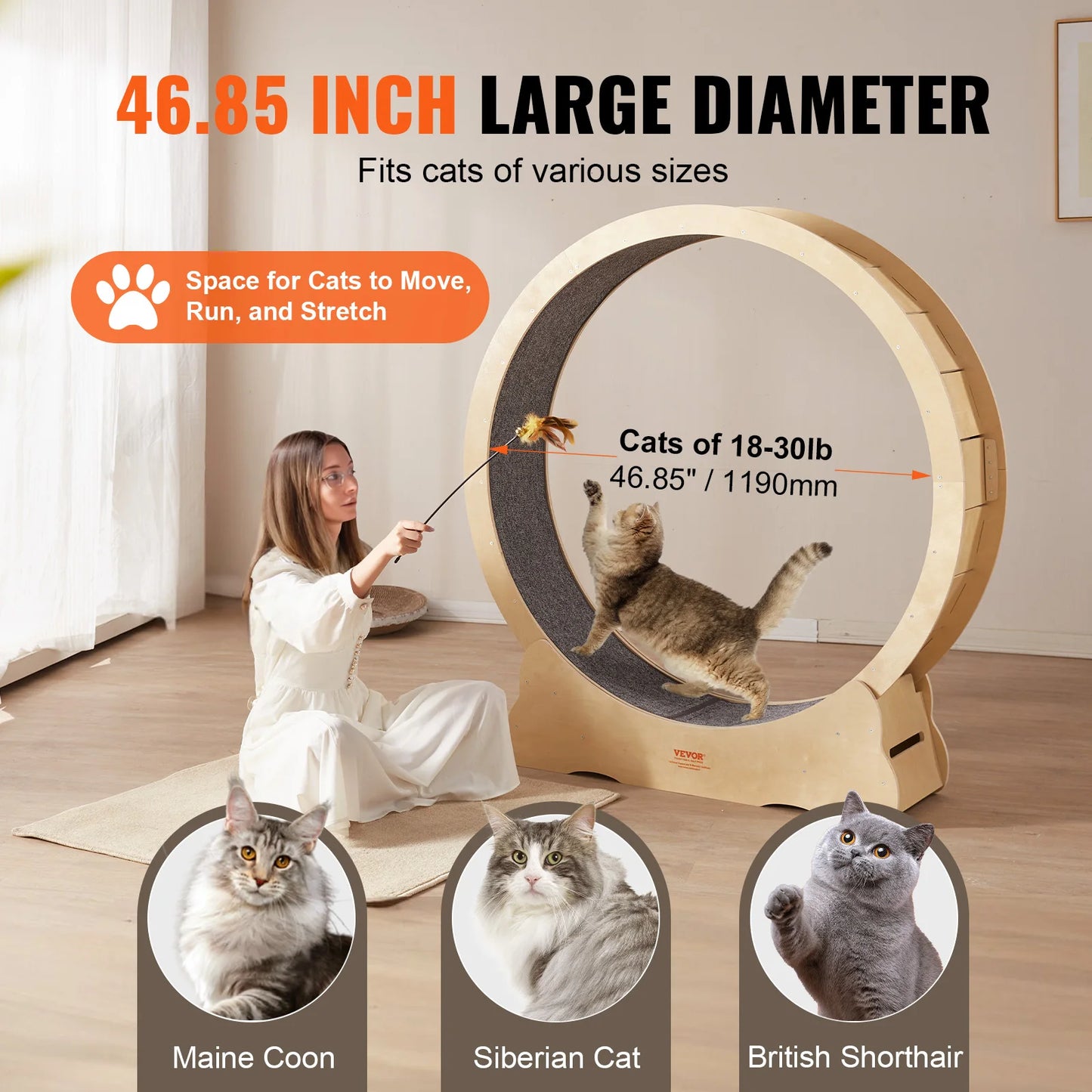 Cat Exercise Wheel Natural Wood Silent Running Toy Treadmill Roller Wheel with Detachable Carpet