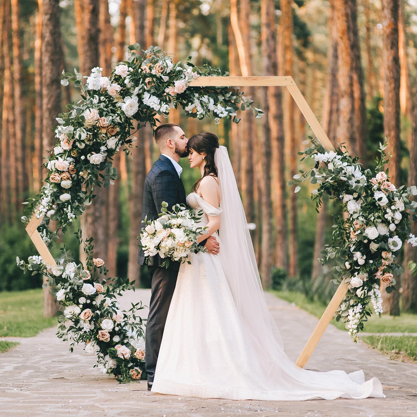 Hexagonal Wooden Wedding Ceremony Arch.