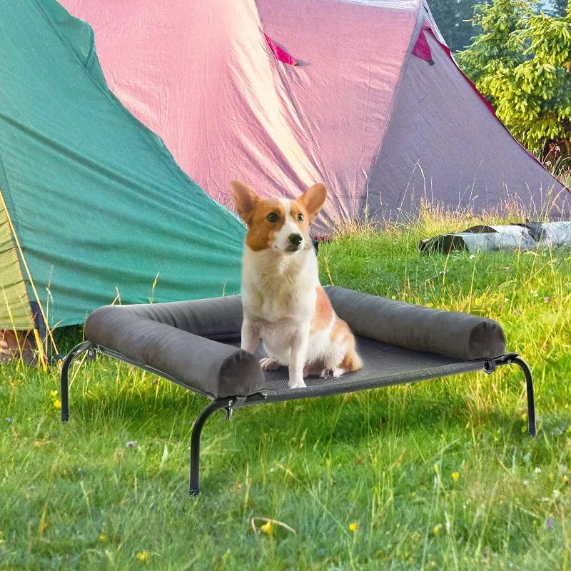 Raised Outdoor Dog Bed with Bolster for Large Dogs, Slightly Chew Proof Portable Cooling Pet Cot