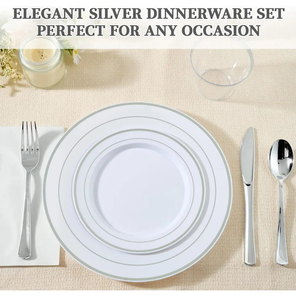 600pcs Disposable Dinnerware Sets for 100 Guests, 100 Dinner Plates, Salad Plates, Cups, Silverware Set for Wedding Parties