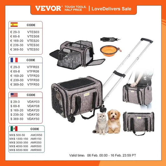 VEVOR Pet Cat Carrier Breathable with Telescopic Handle Wheels and Shoulder Strap for Travel Trip.