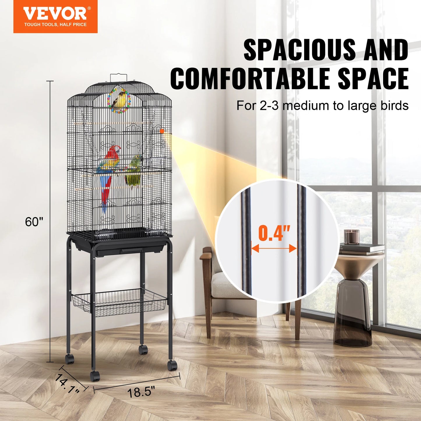 60 inch Bird Aviary Flight Pet Bird Cage Metal with Rolling Stand and Hanging Toys for Cockatiels Parrots Pigeons Parakeet