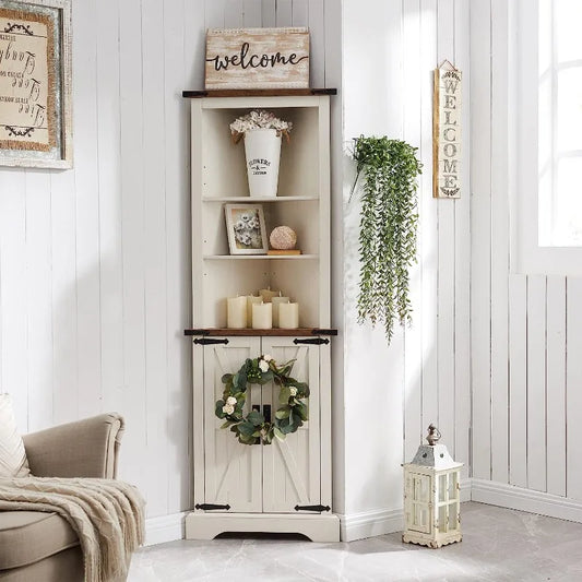 Tall Corner Cabinet, Farmhouse Storage Cabinet with Barn Door Design & Adjustable Shelves.