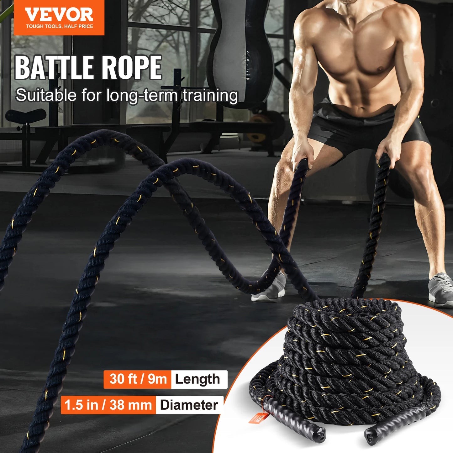 Battle Rope  1.5 Inch Diameter 30Ft Length  for Home Gym  Body Workout Core Strength Training Muscle Building Fitness