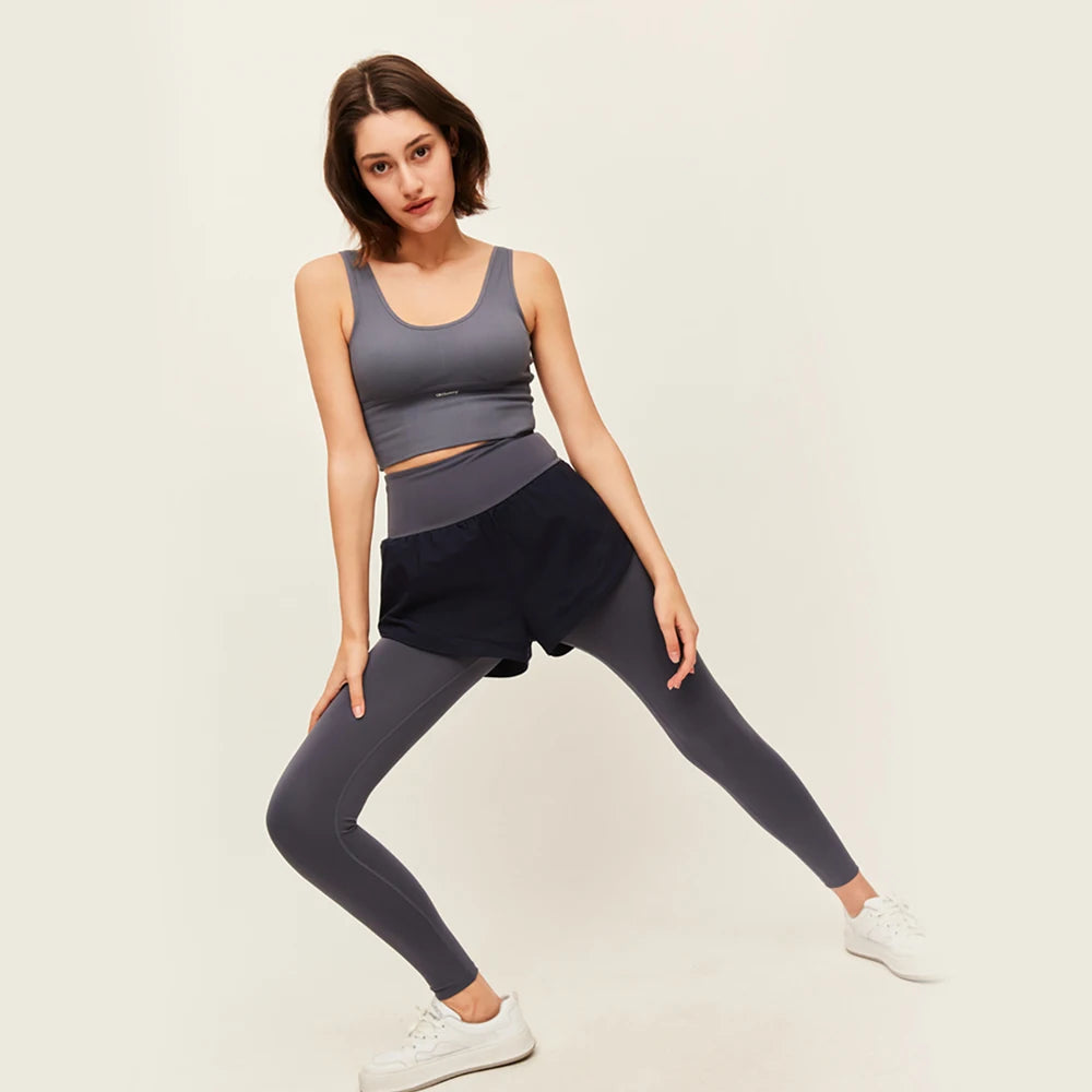 Women Fitness Gym Leggings Yoga Pants Solid Color Sport Clothes Stretchy High Waist  Fake Two Tight Trousers.