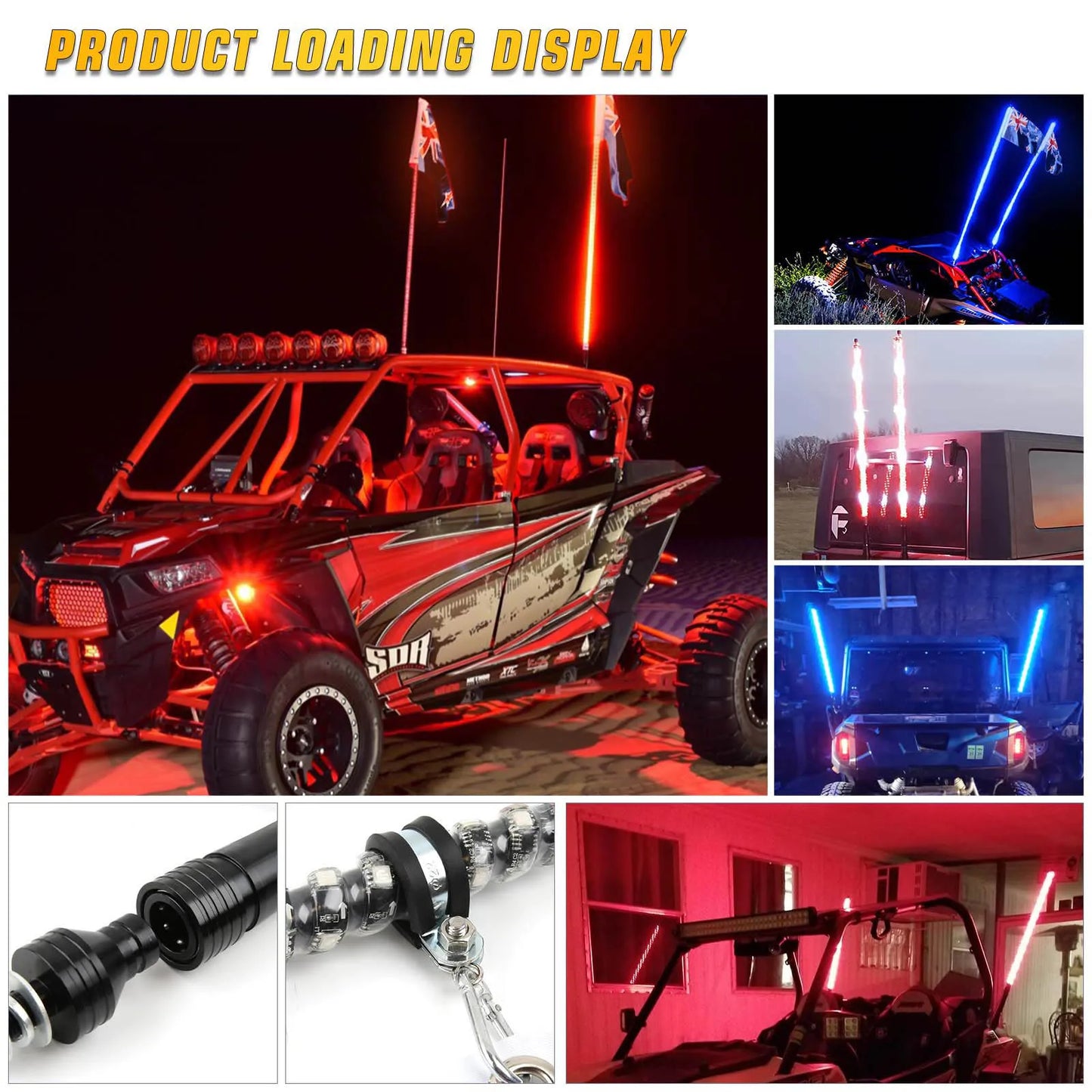 2PCS LED Whip Light 3FT Spiral Connectable Flagpole Lights With Flag for Polaris RZR Can-Am Maverick ATV UTV