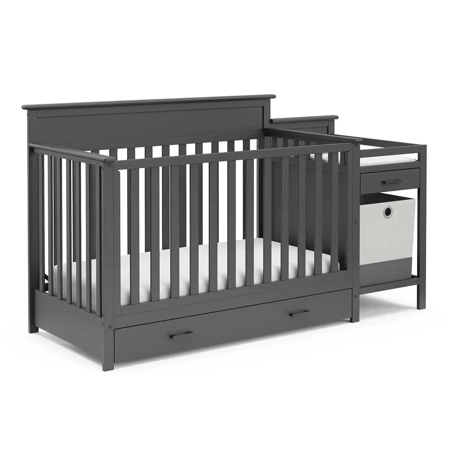 Convertible Crib and Changing Table Combo with Drawer, 4 in 1,  Bed, Changer, Gray, Converts to Toddler Bed