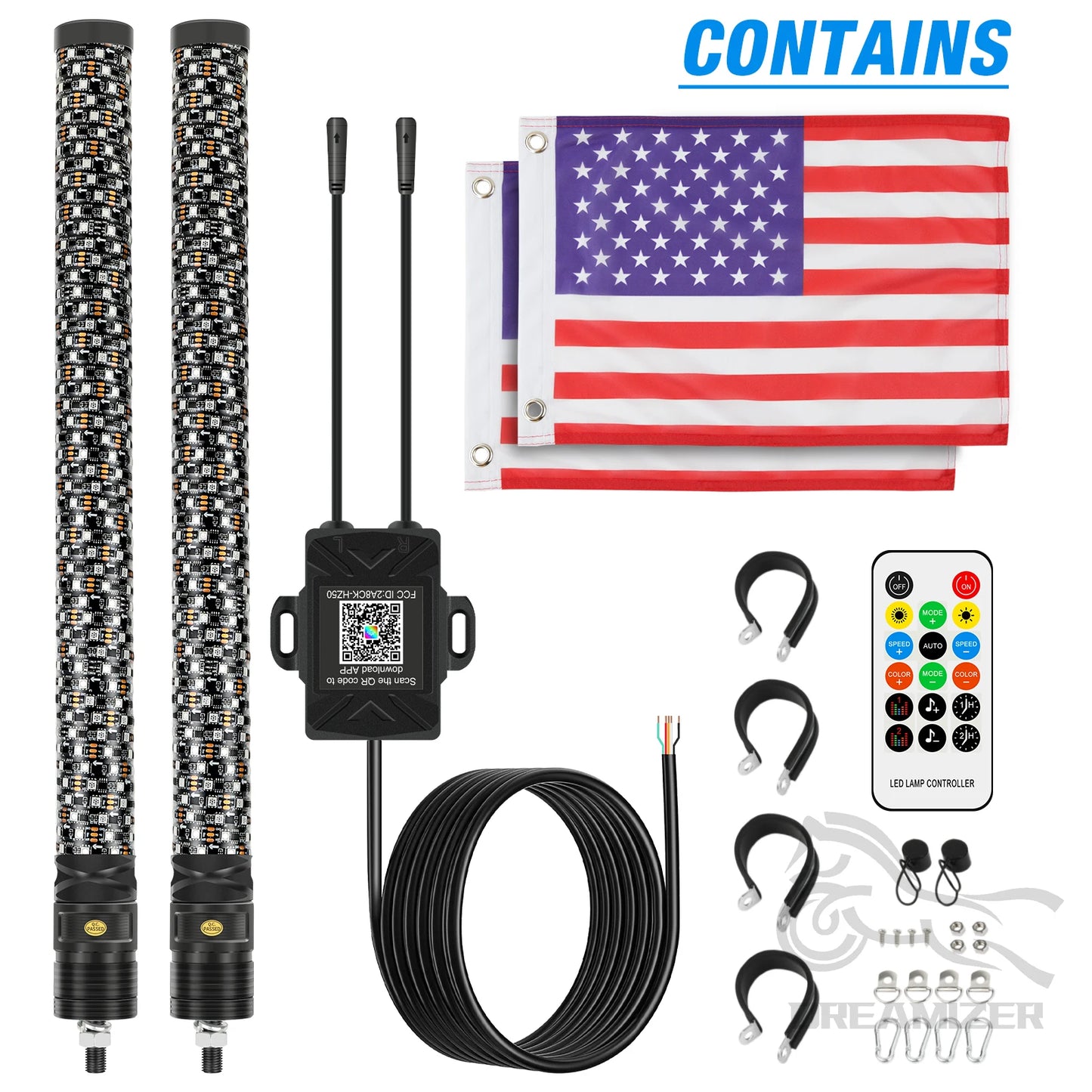 2PCS 2FT Bluetooth Remote Control Colorful Spiral LED Whip Lights for ATV Polaris RZR Flagpole Lamp.