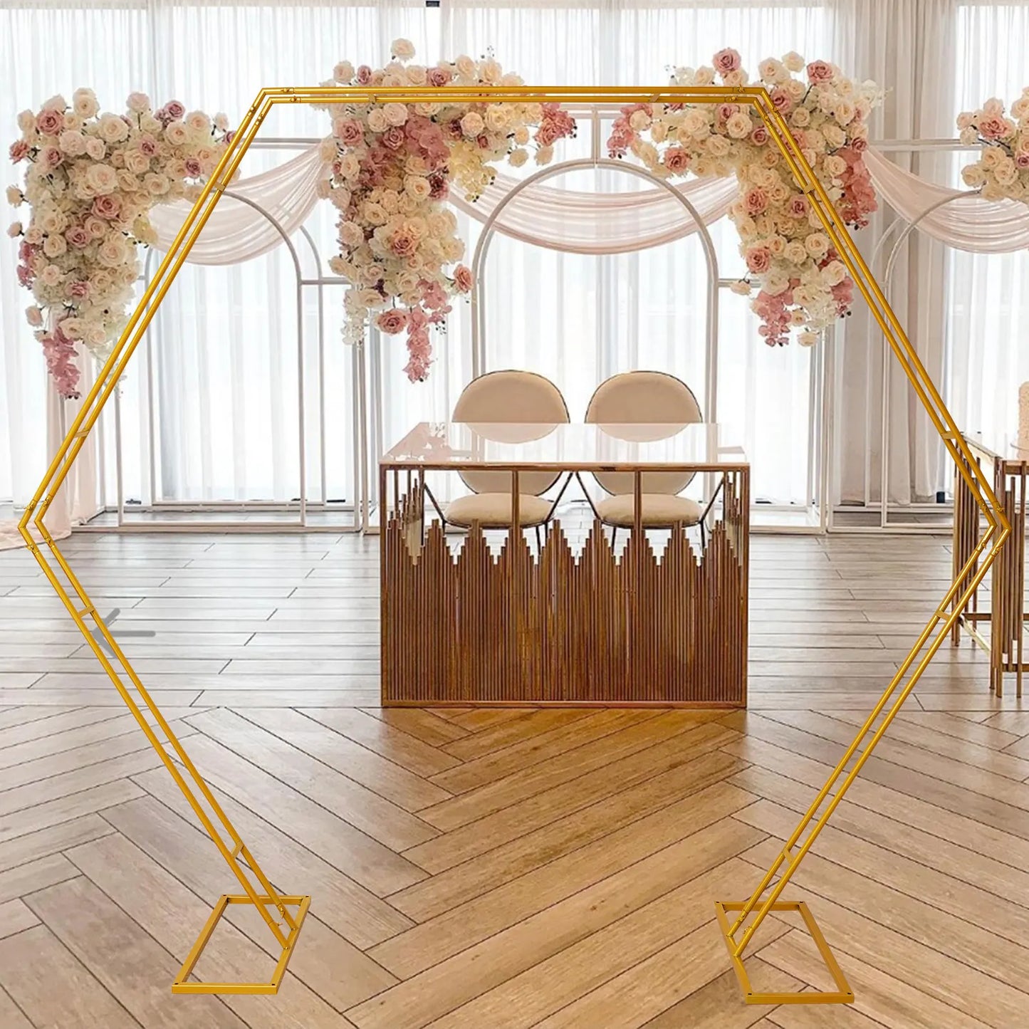 2.2M Large Golden Metal Wedding Arch Hexagon.