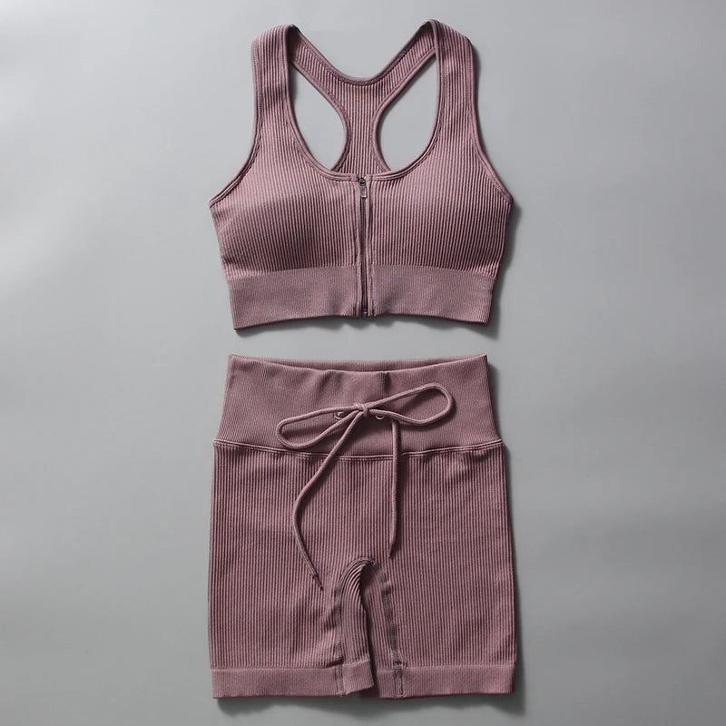 Seamless Yoga Suit Women's Zip Tank Top Shorts Suit Sports Suit Drawstring.