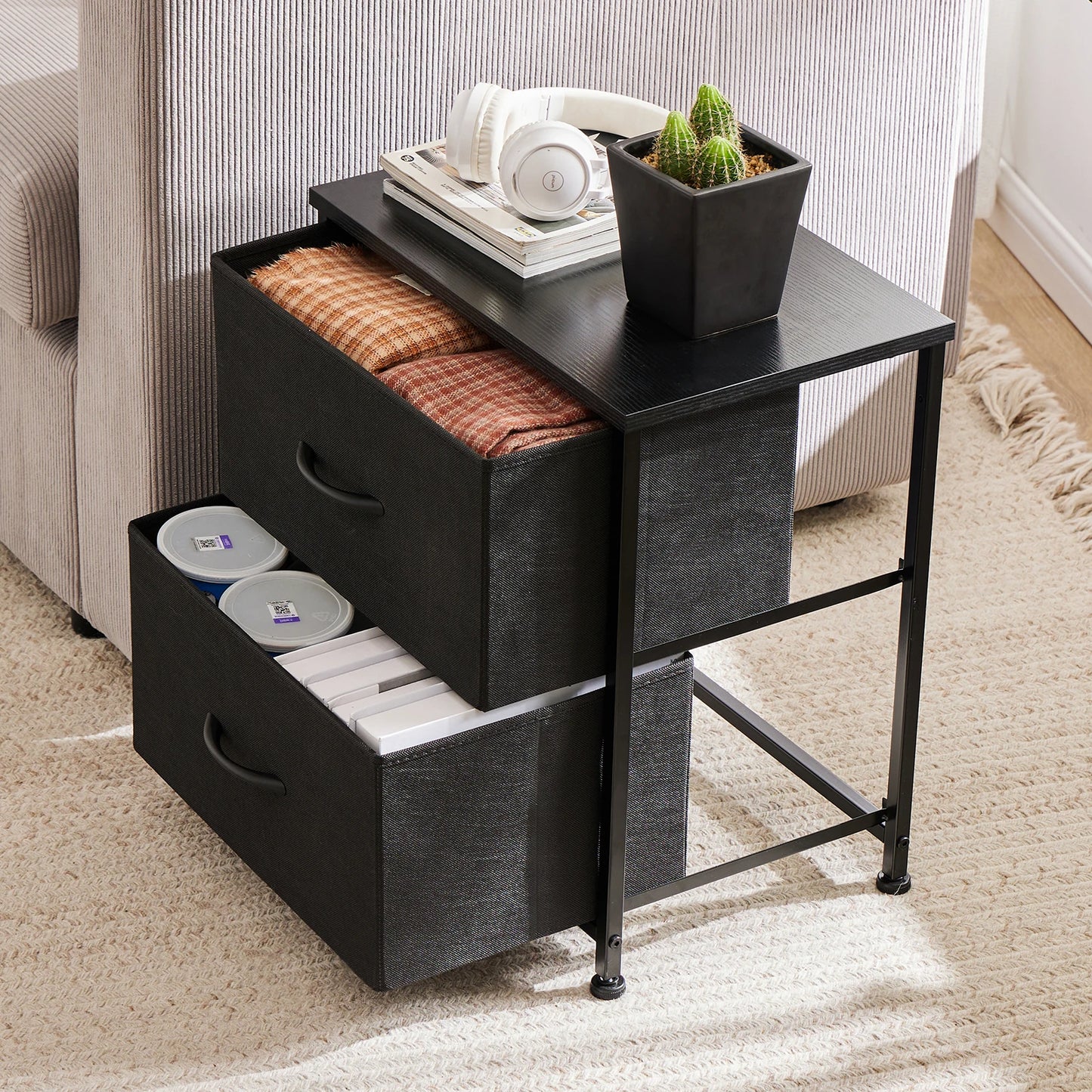 Nightstand With 2 Fabric Drawers Bedside Sofa Table With Storage Closet Chest Clothes Display Cabinet Furniture