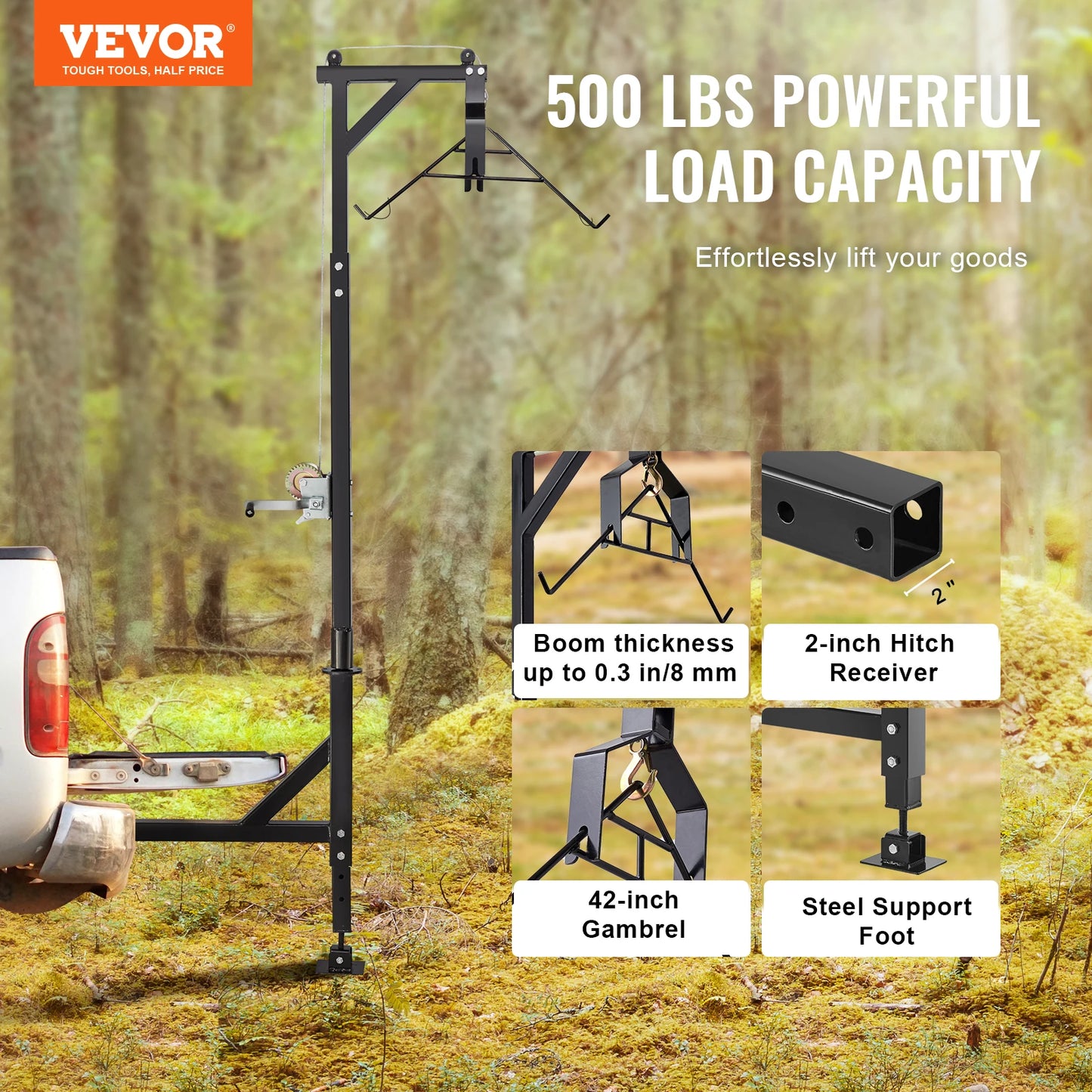 400/500 lbs Hitch Mounted Deer Hoist Adjustable Height Game Truck with Winch Lift Gambrel Set for Free Cargo Elevation