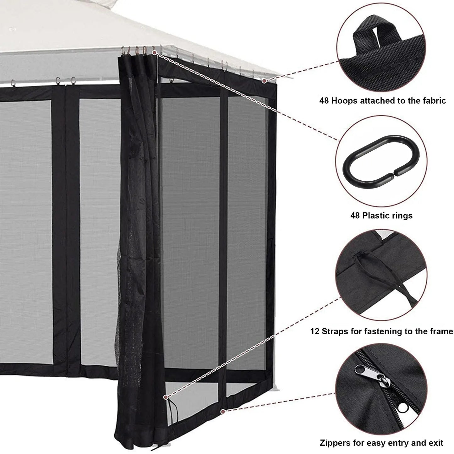 Outdoor Mosquito Net Replacement Mosquito Screen Netting 4-Panel Sidewall Curtain with Zipper