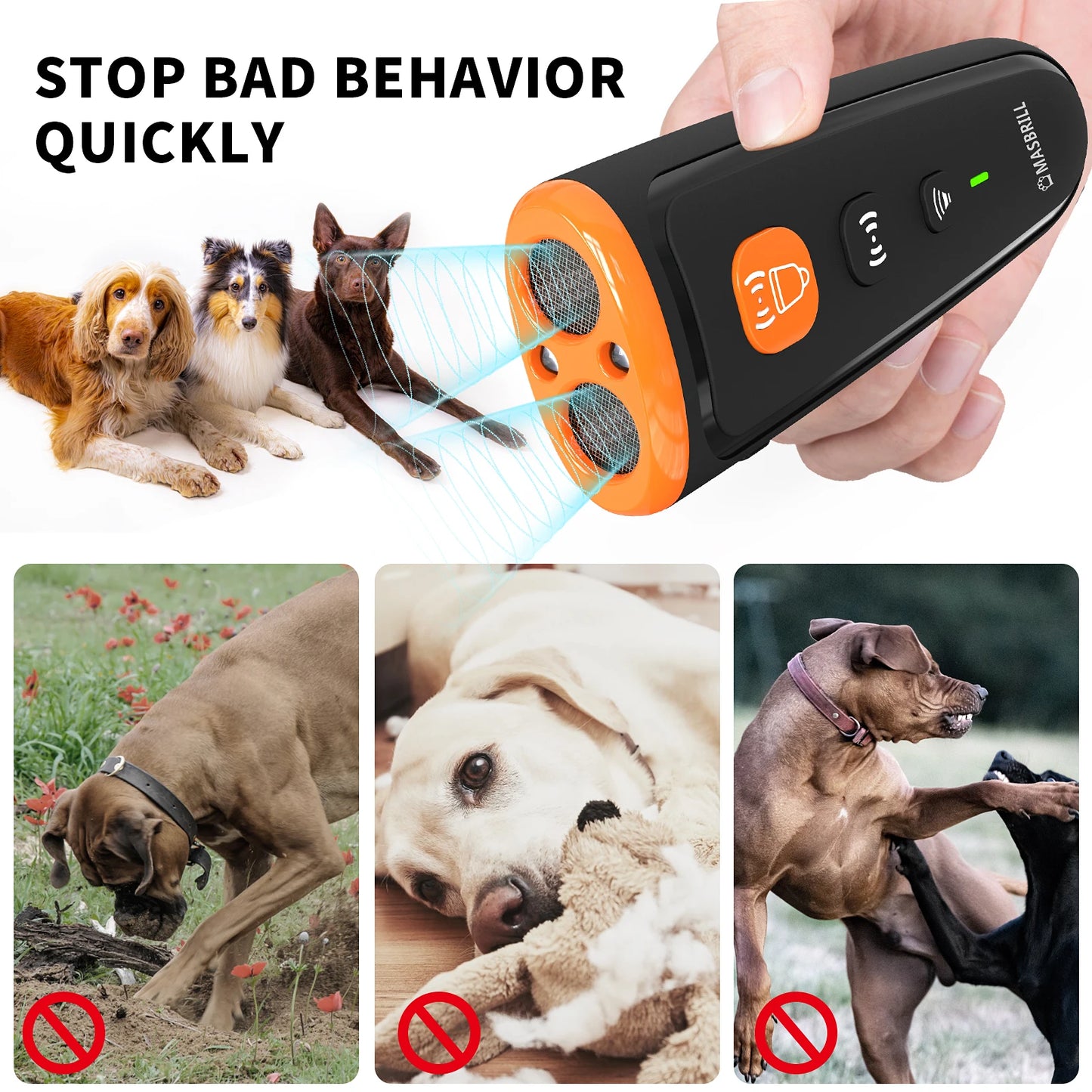 MASBRILL Dog Repeller No Dog Noise Anti Barking Device Ultrasonic 3 Modes USB Rechargeable