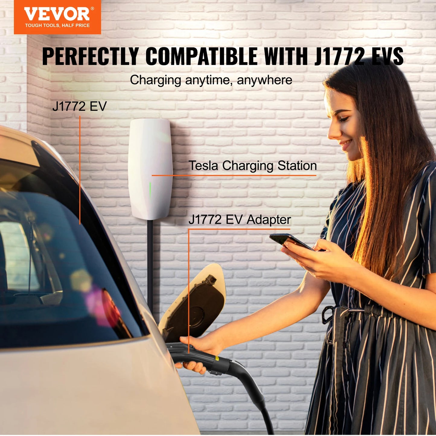 VEVOR Tesla to J1772 Charging Adapter Max 48 Amp 240V with IP65 Storage Bag Anti-Drop Lock