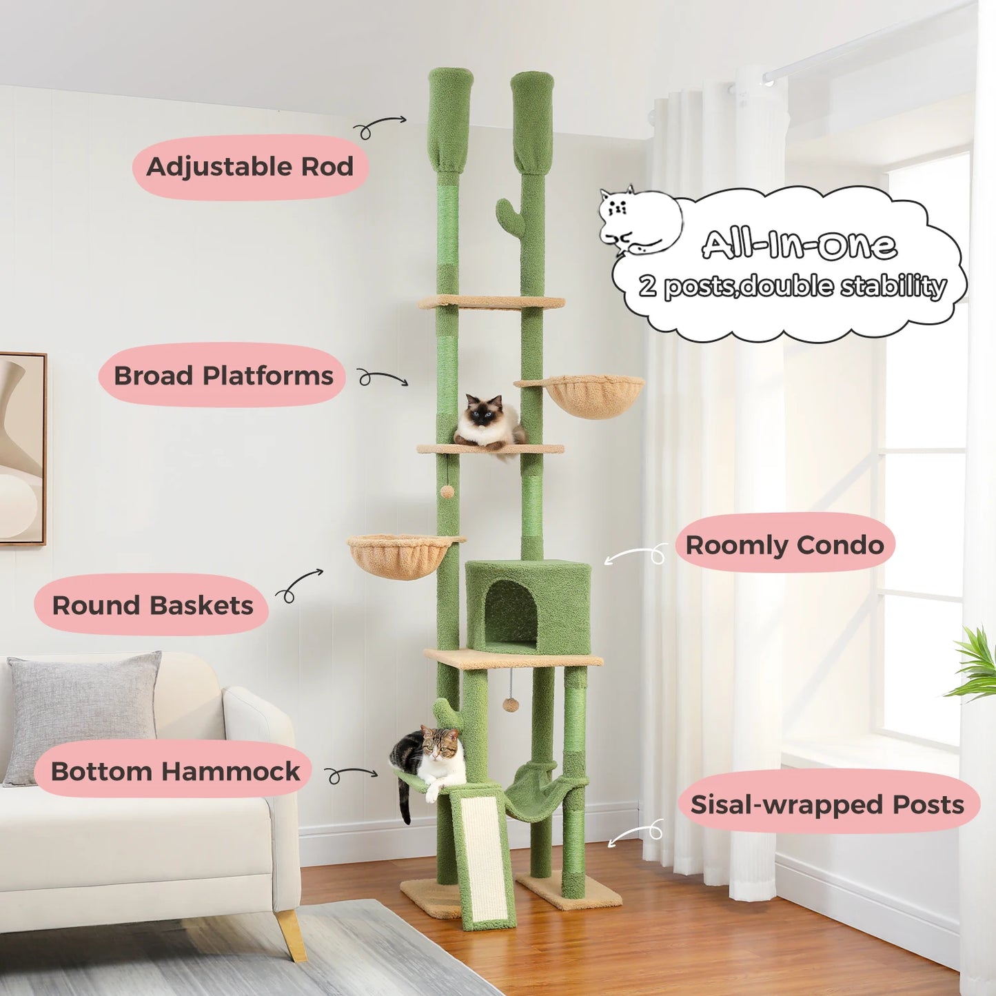 Cactus Cat Tree Floor to Ceiling Cat Tower with Adjustable Height 216-285CM 7 Tiers Climbing Tree with Cozy Hammocks and Condos