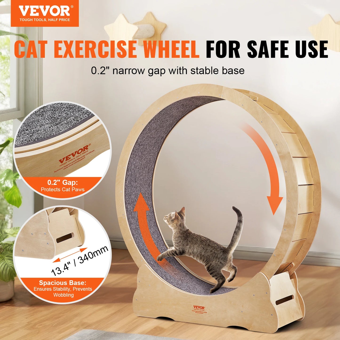 Cat Exercise Wheel Natural Wood Silent Running Toy Treadmill Roller Wheel with Detachable Carpet