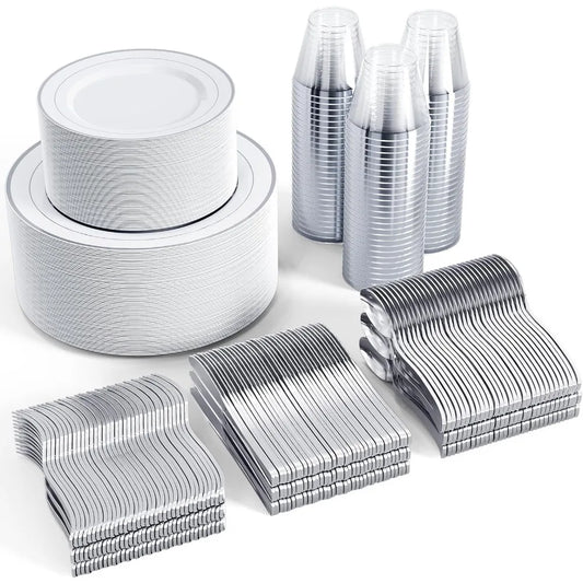 600pcs Disposable Dinnerware Sets for 100 Guests, 100 Dinner Plates, Salad Plates, Cups, Silverware Set for Wedding Parties