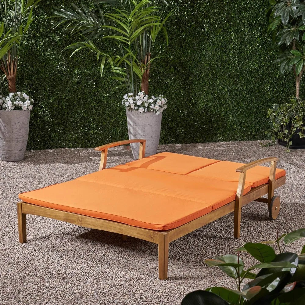 Folding Teak Finish With Orange Cushions, Double Chaise Lounge with Wood Frame.