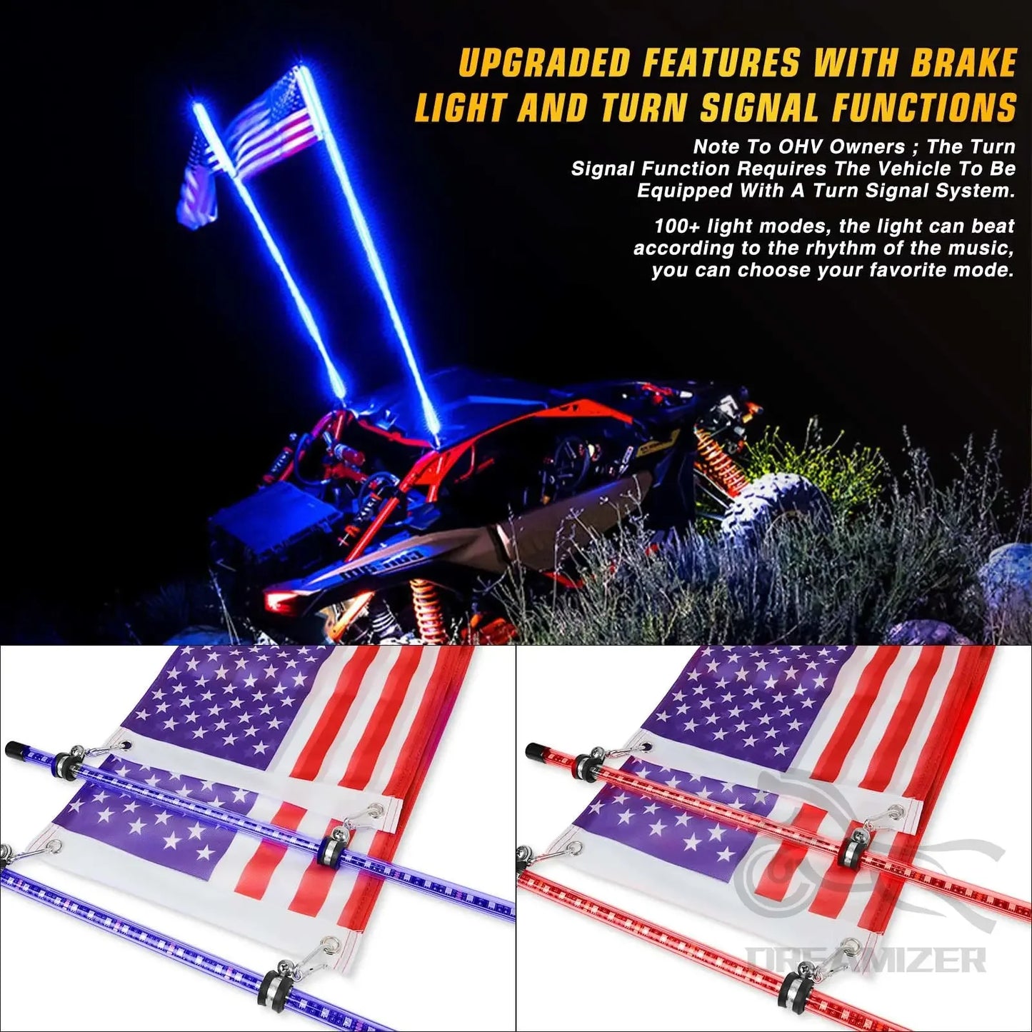 2PCS LED Whip Light 3FT Spiral Connectable Flagpole Lights With Flag for Polaris RZR Can-Am Maverick ATV UTV