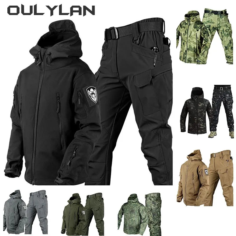 Outdoor Shark Skin Warmth Jacket, Pants Set Men Tactical Military Camo Autumn Winter Thickened Coat Soft Shell Large Size Jacket