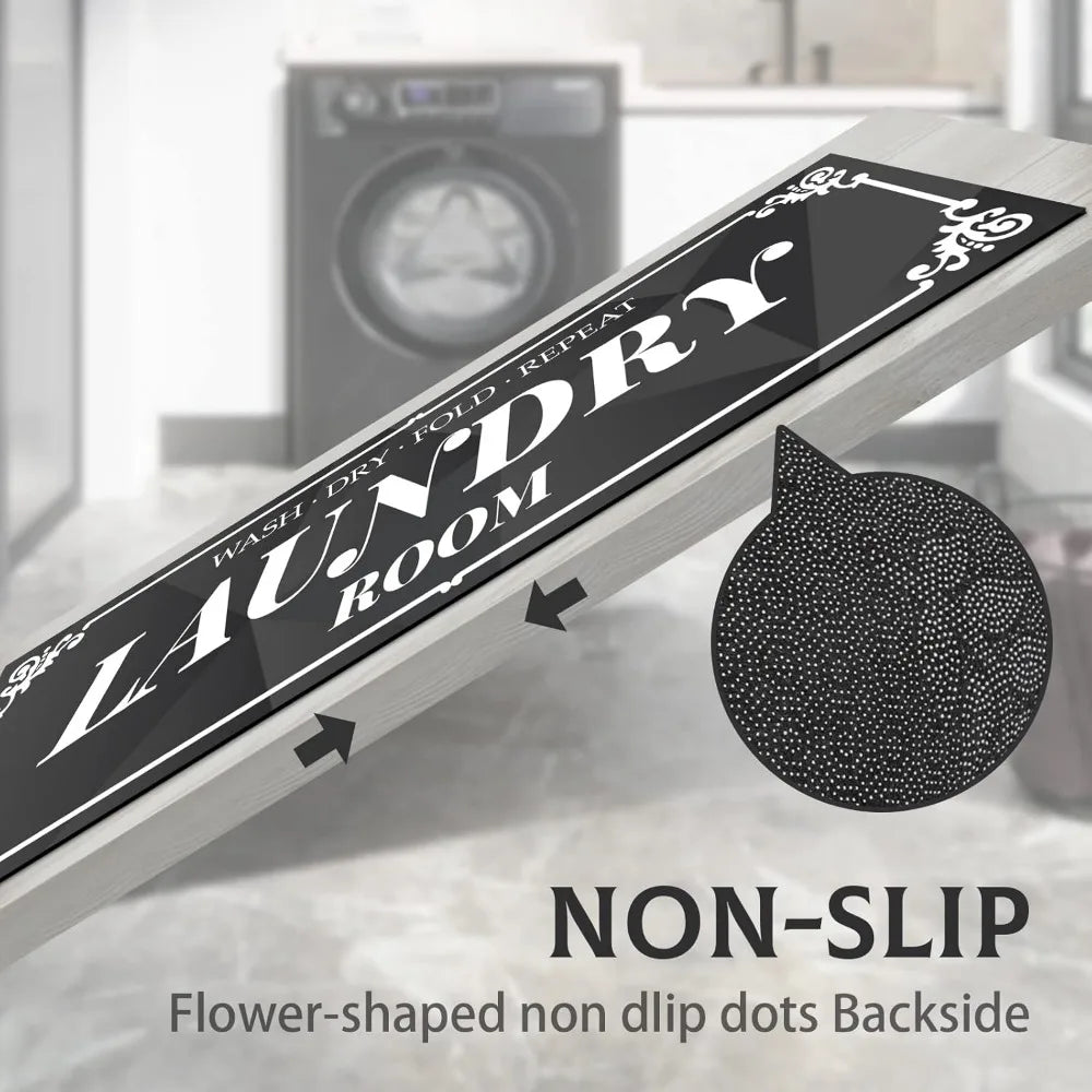 Laundry Room Rug: 17"X48" Laundry Room Decor and Accessories Non-Slip Black Runner Rug Machine Washable Text Design Laundry Mat