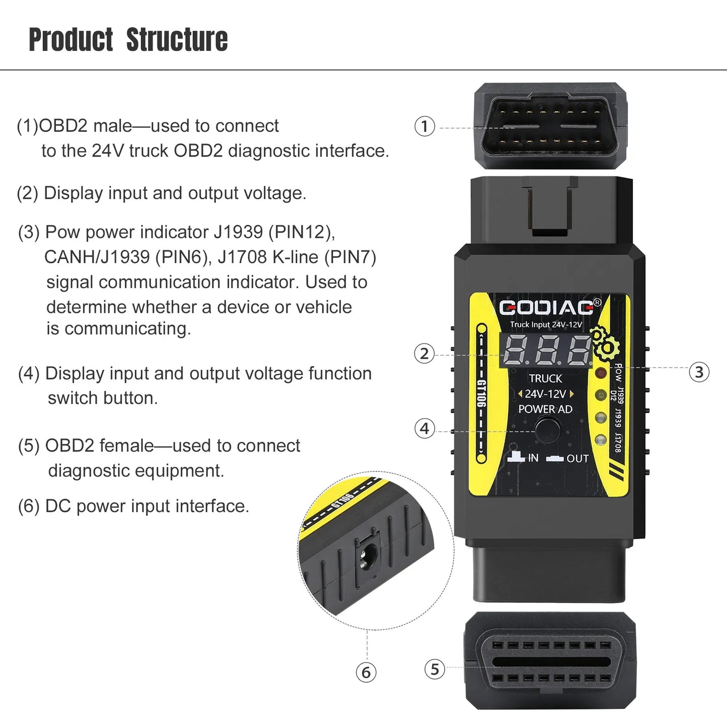 GT106 24V to 12V Heavy Duty Truck Adapter for X431 easydiag/ Golo/ M-DIAG/ IDIAG/ ThinkCar/ ICarScan/ Diagun/ GOLO/ DBSca