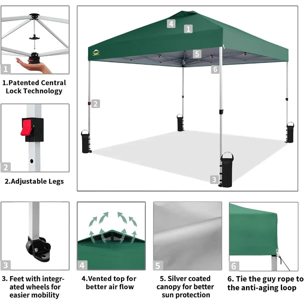 Tourist Tent 8 Stakes Waterproof Awning 10x10 Pop Up Canopy Outdoor Shade Mesh 4 Ropes Forest Green