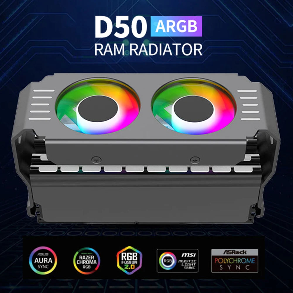 D50 RAM ARGB Memory Cooler 5V 3Pin PC Memory Cooling Radiator With Dual 120mm Fan 1200-2000RPM Radiator for DDR4 DDR5 Cooling