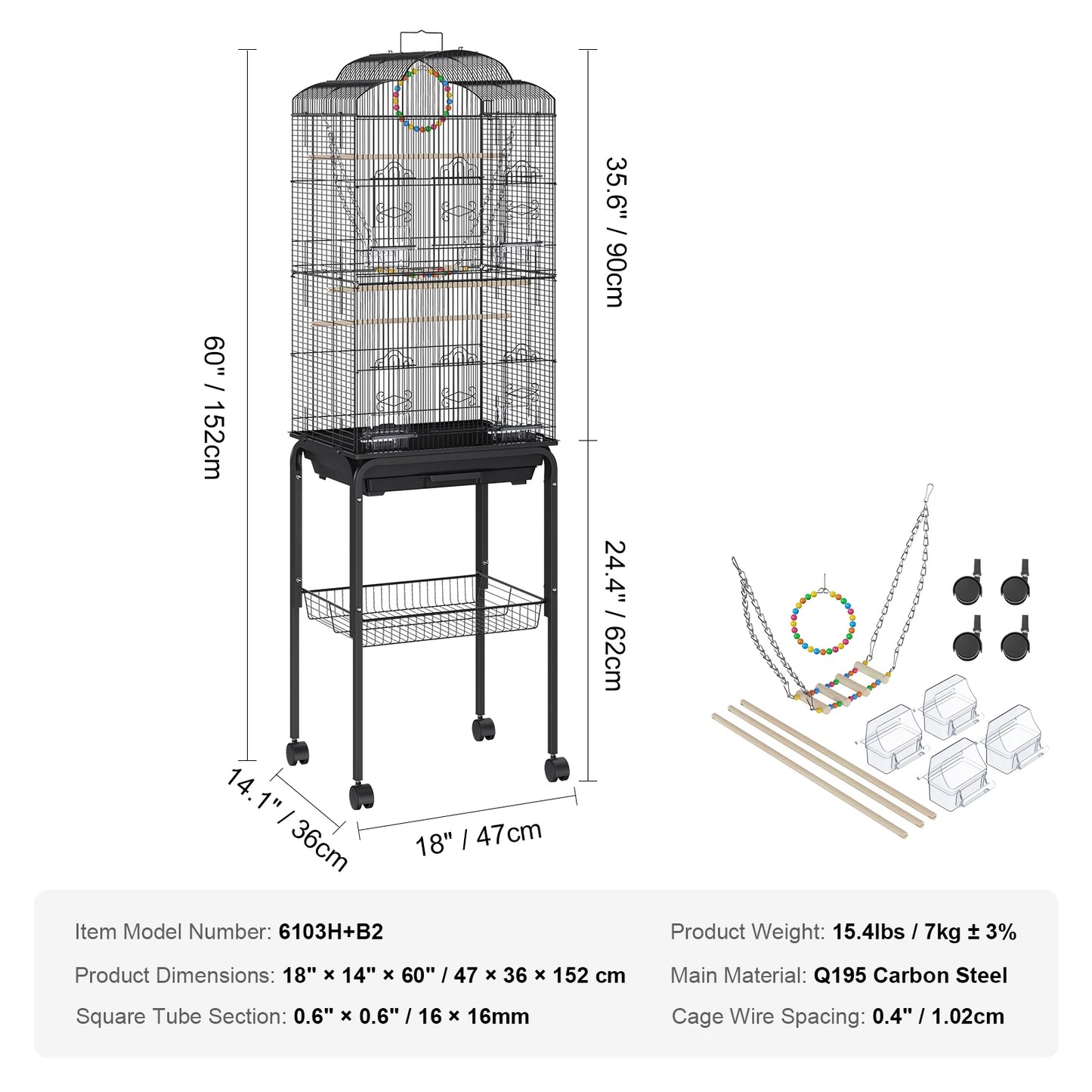 60 inch Bird Aviary Flight Pet Bird Cage Metal with Rolling Stand and Hanging Toys for Cockatiels Parrots Pigeons Parakeet